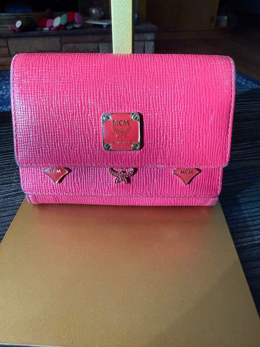 Authentic MCM Pink Leather Studded Logo Motifs Trifold Wallet